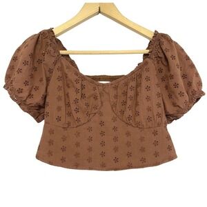 Hollister Smocked Cottage Crop Top XS Brown Cotton Eyelet Embroidered Babydoll